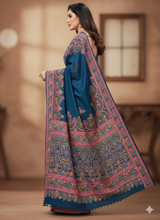 Pashmina Pure Silk Blue Banarasi Saree