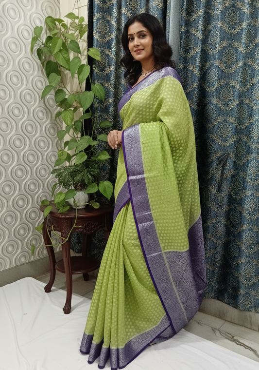 Chanderi Fabric Saree Lime Green+Blue