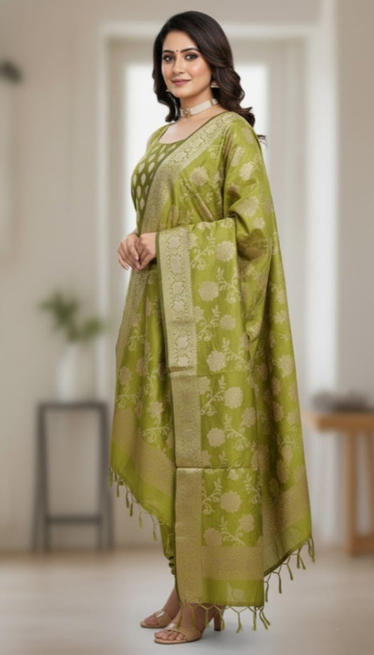 Green Banarasi Silk 3-Piece Suit Set