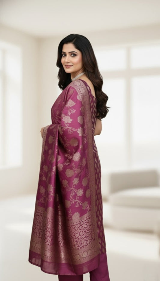 Maroon Banarasi Silk 3-Piece Suit Set