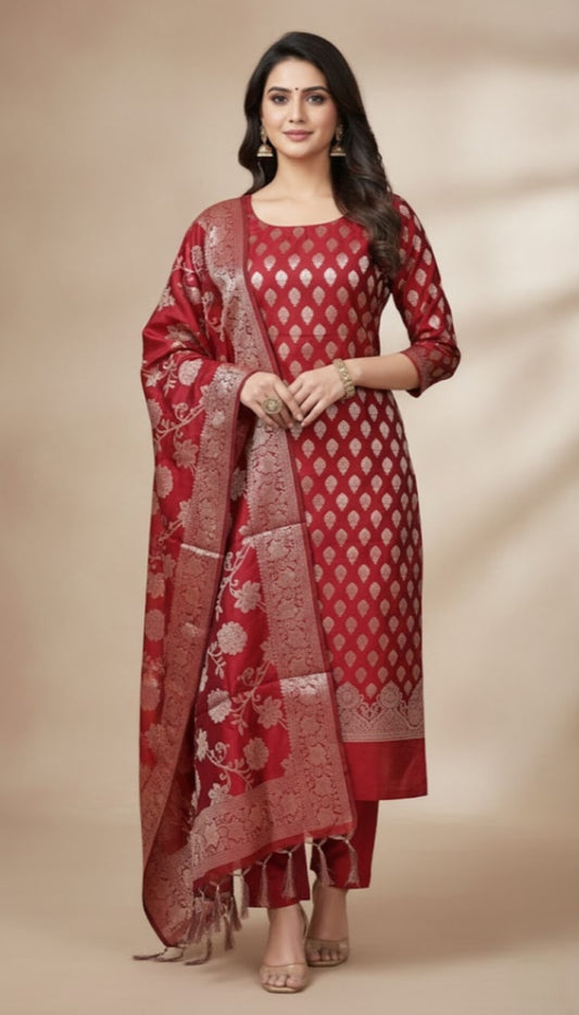 3 Piece Set Silk Suit - Red