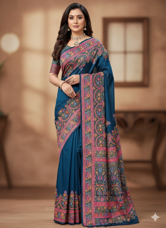 Pashmina Pure Silk Blue Banarasi Saree
