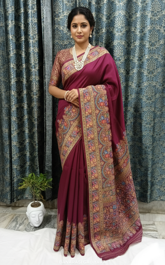 Pashmina Pure Silk Maroon Banarasi Saree