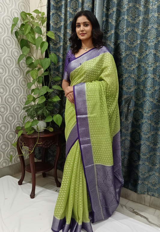 Chanderi Fabric Saree Lime Green+Blue