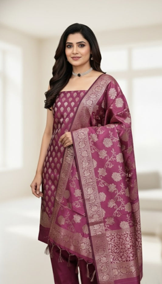 Maroon Banarasi Silk 3-Piece Suit Set