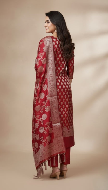3 Piece Set Silk Suit - Red